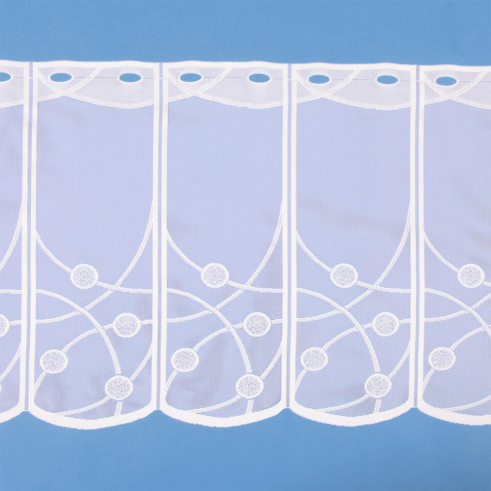 Deze witte val is geweven in een steviger materiaal met een ingeweven patroon van cirkels en lijnen