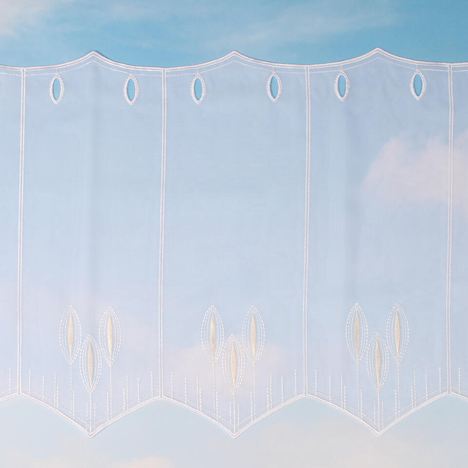 Val in transparante vitragelook, geborduurd in een bladvormig patroon met een lichtglanzend wit en creme kleurig garen